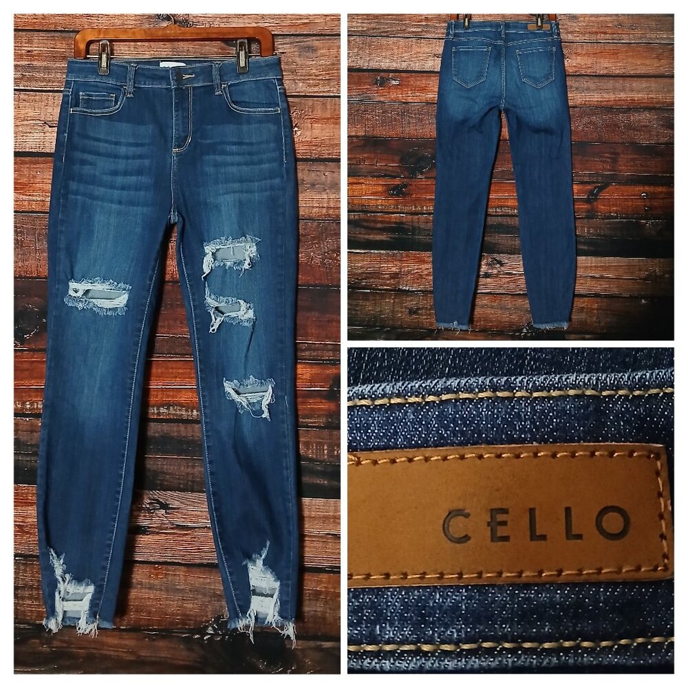 Cello Jeans Size 11 Ankle Crop High Rise Distressed Raw Hem Blue Denim Stretch